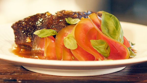 Matt Moran's slow-cooked beef cheeks, yuzu and watermelon radish