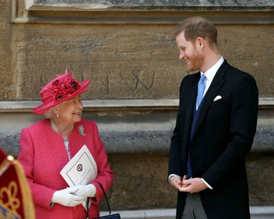The Queen and Prince Harry at the wedding of Lady Gabriella Windsor and Thomas Kingston.