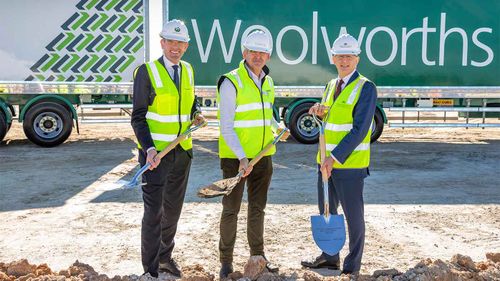 Brad Banducci, CEO - Woolworths Group, with NSW Treasurer Dominic Perrottet MP and Hon Paul Fletcher MP.