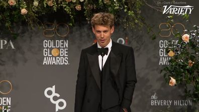 Austin Butler in press room after Golden Globes win.