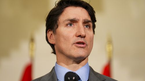 Canada Prime Minister Justin Trudeau holds a press conference at Canada House in London on Sunday, March 2, 2025. (Sean Kilpatrick/The Canadian Press via AP)