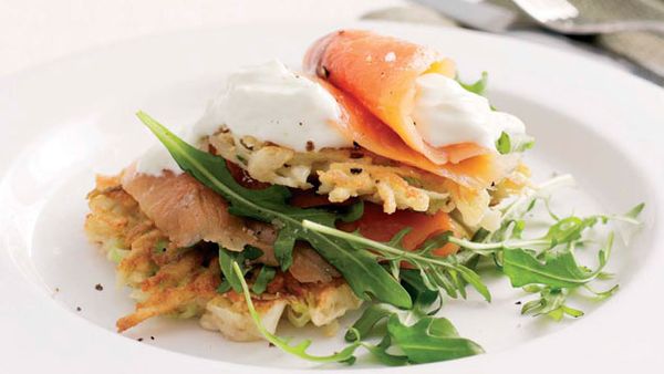 Wasabi yogurt with potato pancakes and smoked ocean trout