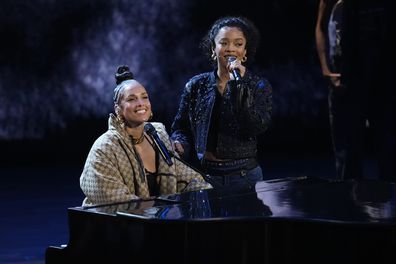 Alicia Keys and Hell's Kitchen cast member Maleah Joi Moon perform during the 77th Tony Awards on Sunday, June 16, 2024, in New York. 