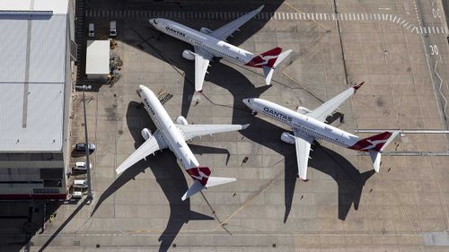 Qantas planes parked on the tarmac.