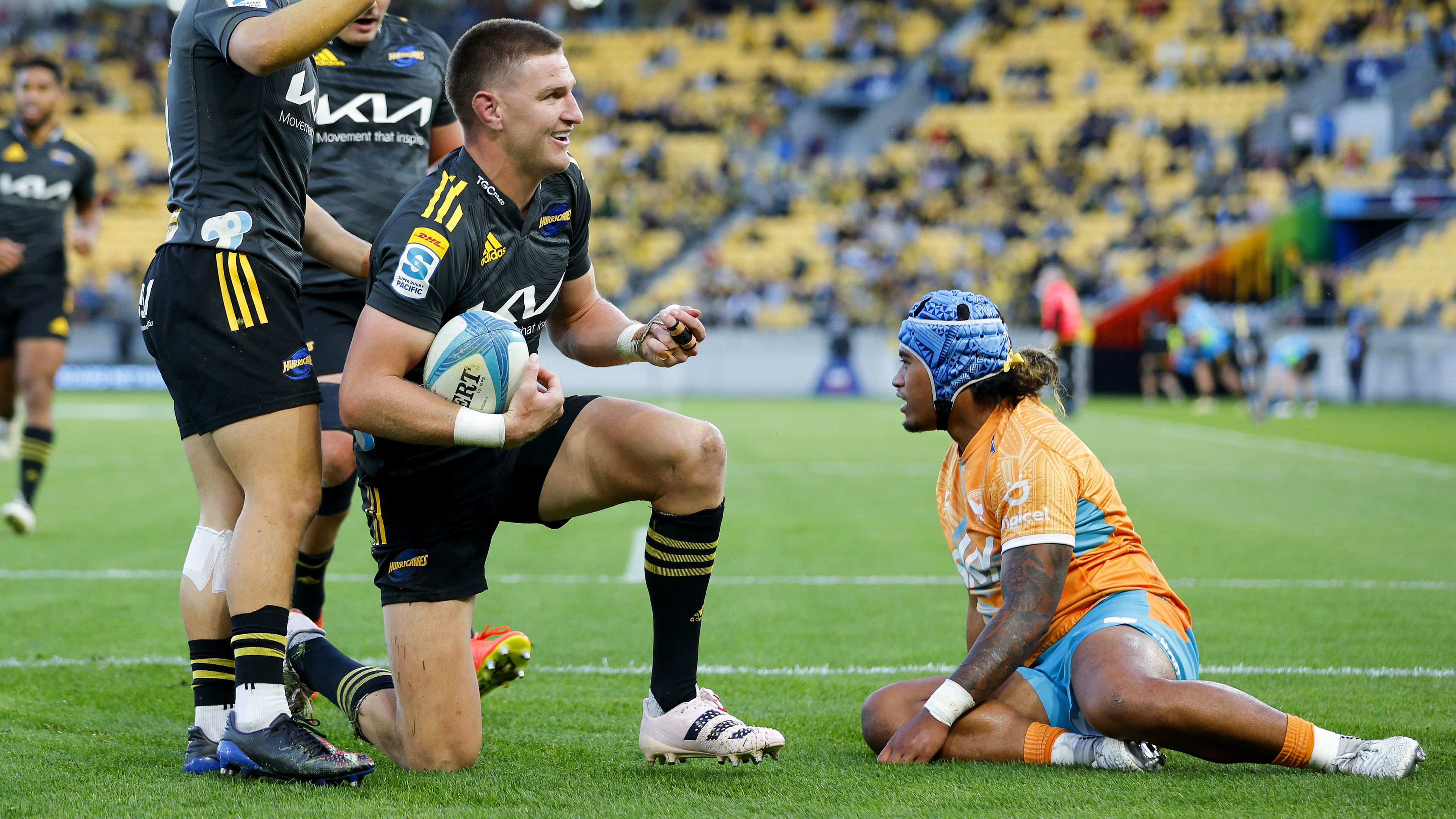 WELLINGTON, NEW ZEALAND - MAY 13: Jordie Barrett of the Hurricanes celebrates after scoring a try during the round 12 Super Rugby Pacific match between Hurricanes and Moana Pasifika at Sky Stadium, on May 13, 2023, in Wellington, New Zealand. (Photo by Hagen Hopkins/Getty Images)