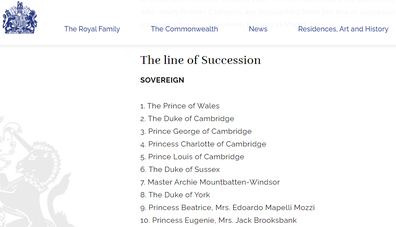 The royal family line of succession according to royal.uk