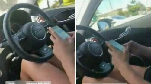 The driver can be seen steering with her knees while she used her mobile phone.