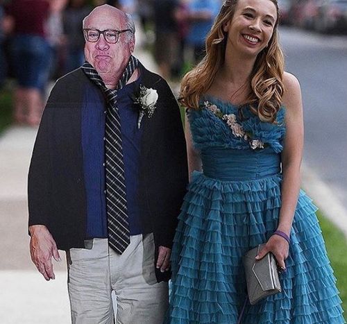 Allison Closs took a life-size cut-out of Danny DeVito to her high school prom. (Supplied)