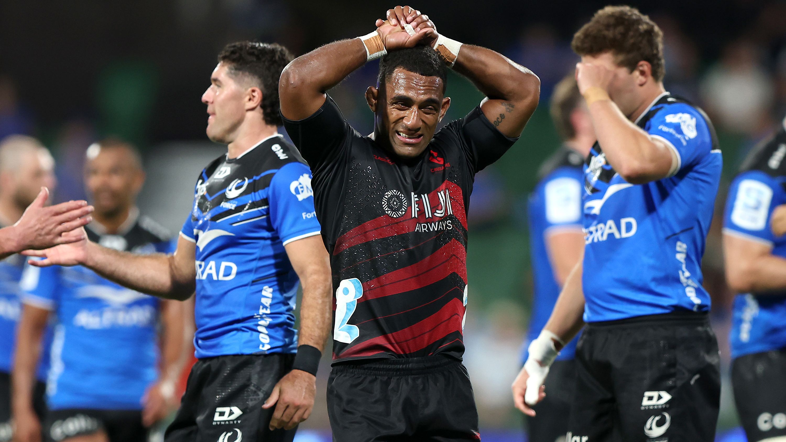 Sevu Reece of the Crusaders reacts after losing the round nine Super Rugby Pacific match.