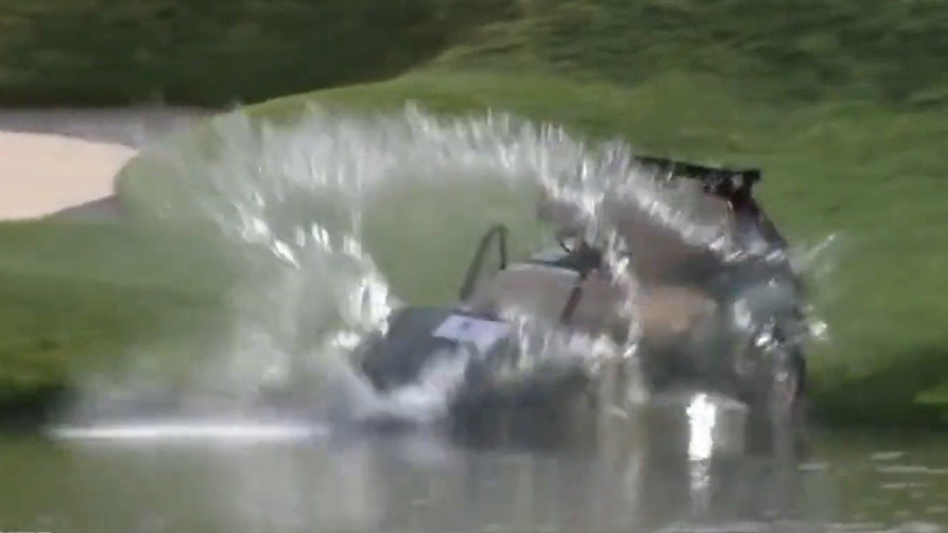 Runaway golf cart causes chaos at PGA Tour event, eventually splashes into pond