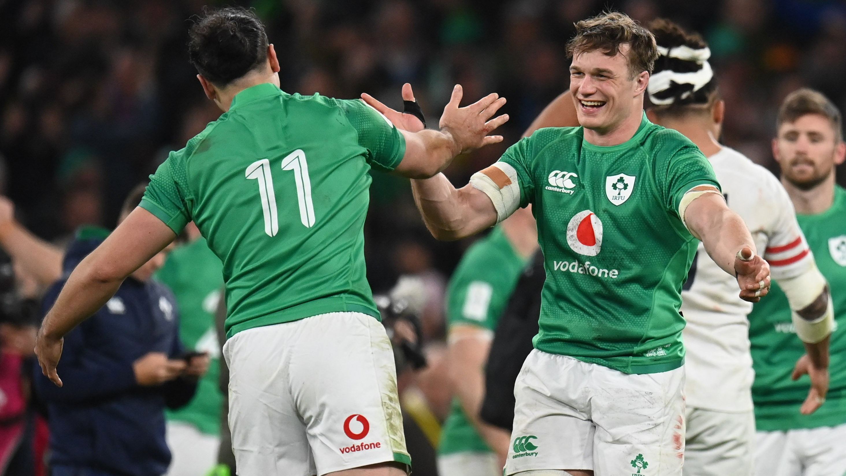 Josh van der Flier, right, and James Lowe of Ireland after their side&#x27;s victory in the Six Nations. (Photo By Harry Murphy/Sportsfile via Getty Images)
