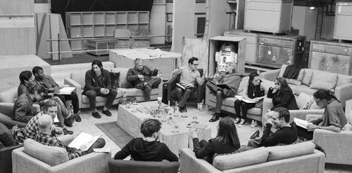 The cast of the new Star Wars film, including returning stars Harrison Ford, Mark Hamill and Carrie Fisher. (AAP)