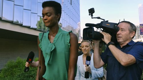 Australian-South Sudanese model Adau Mornyang arrives at the Federal Courthouse in downtown Los Angeles to learn her fate.