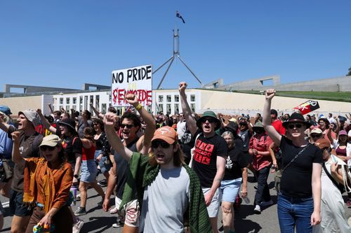 SYDNEY, AUSTRALIA - JANUARY 26: ProtInvasion Day Rally marching past Parliament House in Canberra on Monday 26 January 2026. fedpol Photo: Alex EllinghausenInvasion Day Rally marching past Parliament House in Canberra on Monday 26 January 2026. fedpol Photo: Alex Ellinghausen

