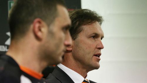 Farah and Mick Potter in the post match press conference during the Round 20 NRL match between the St George Illawarra Dragons and the Wests Tigers at ANZ Stadium. (AAP)