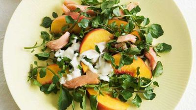 Click ythrough for our gorgeous <a href="http://kitchen.nine.com.au/2016/05/17/09/48/smoked-trout-and-peach-salad" target="_top">smoked trout and peach salad</a> recipe