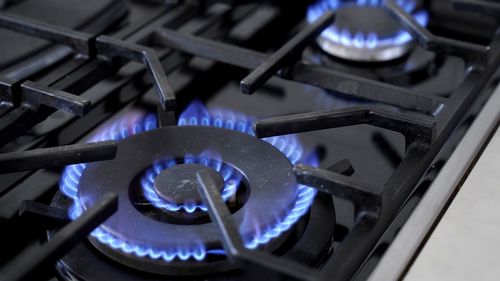 Flames emerge from burners on a natural gas stove.