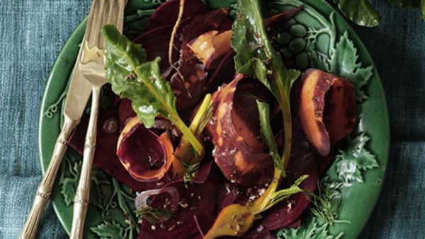 Purple carrot and beetroot salad with dill seed dressing