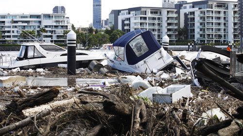 Wreckage at the Hawthorne ferry terminal on the Brisbane River.