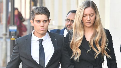 Cricketer Alex Hepburn arrives at court with a woman.