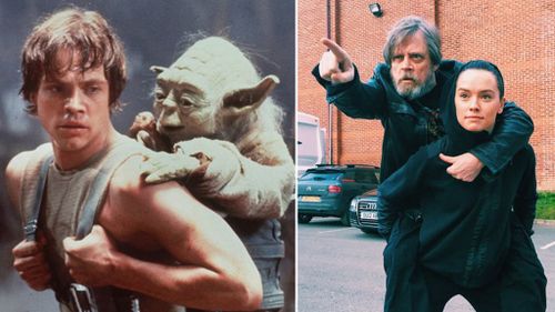 ‘Star Wars’ star Mark Hamill recreates iconic Yoda training pose with newcomer Daisy Ridley