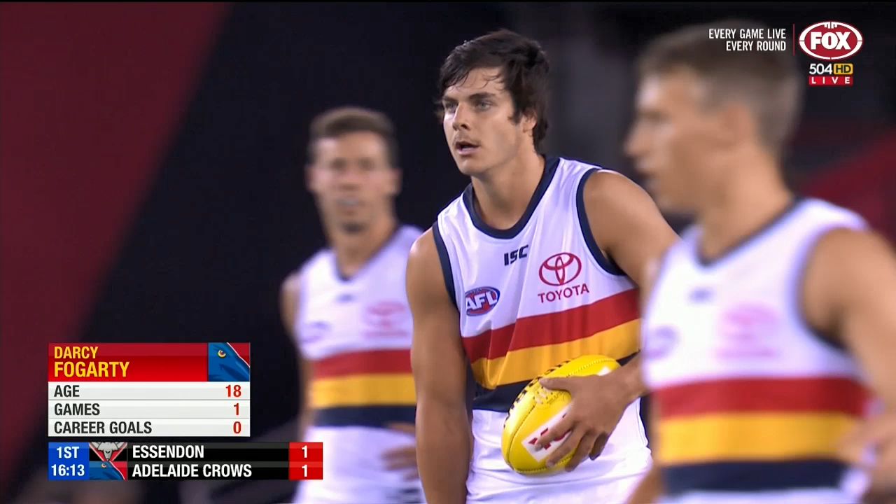 Adelaide Crows' youngster Darcy Fogarty scores with his first kick in AFL