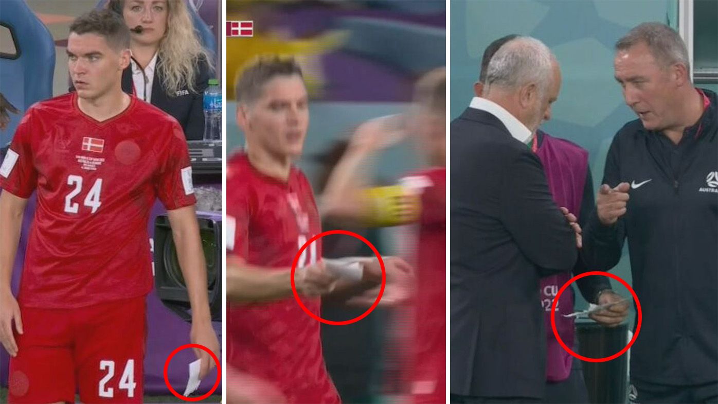 Denmark v Socceroos. A Danish note made its way to the Socceroos  bench at the World Cup.
