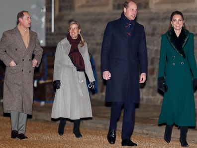 Prince Edward, Earl of Wessex, Sophie, Countess of Wessex, Catherine, Duchess of Cambridge and Prince William, Duke of Cambridge attend an event to thank local volunteers and key workers from organisations and charities in Berkshire, who will be volunteering or working to help others over the Christmas period in the quadrangle of Windsor Castle on December 8, 2020 in Windsor, England