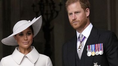 LONDON, ENGLAND - JUNE 03: Meghan, Duchess of Sussex and Prince Harry, Duke of Sussex depart the National Service of Thanksgiving at St Paul's Cathedral on June 03, 2022 in London, England. The Platinum Jubilee of Elizabeth II is being celebrated from June 2 to June 5, 2022, in the UK and Commonwealth to mark the 70th anniversary of the accession of Queen Elizabeth II on 6 February 1952.  (Photo by Chris J Ratcliffe/Getty Images)