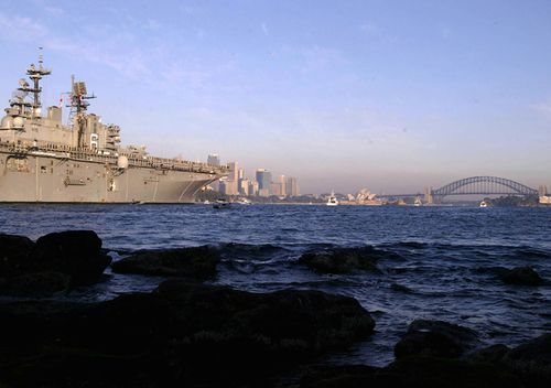 A US warship makes its way up Sydney Harbour June 20, 2003 in Sydney, Australia. Five US warships arrived in Sydney for a weekend stay after serving in the Persian Gulf. 