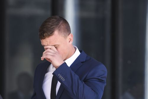 Jack Wighton becomes emotional outside ACT Magistrates Court today. (AAP)