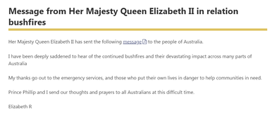 Queen Elizabeth's statement to Australia during the bushfire crisis.