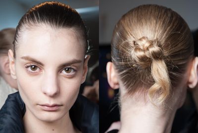 <p>Pull hair back into a tight bun as seen at Jonathan Saunders Fall 2015. Getting it wet will only add to the sleek look.</p>