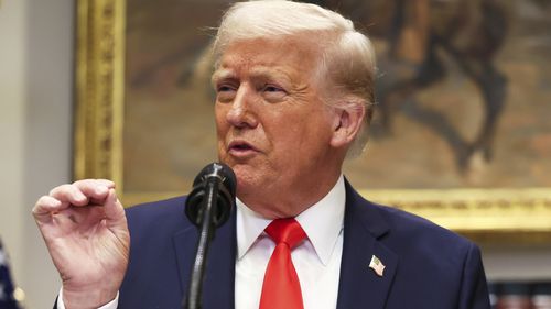 President Donald Trump speaks in the Roosevelt Room of the White House in Washington, Monday, March 3, 2025. (Pool via AP)