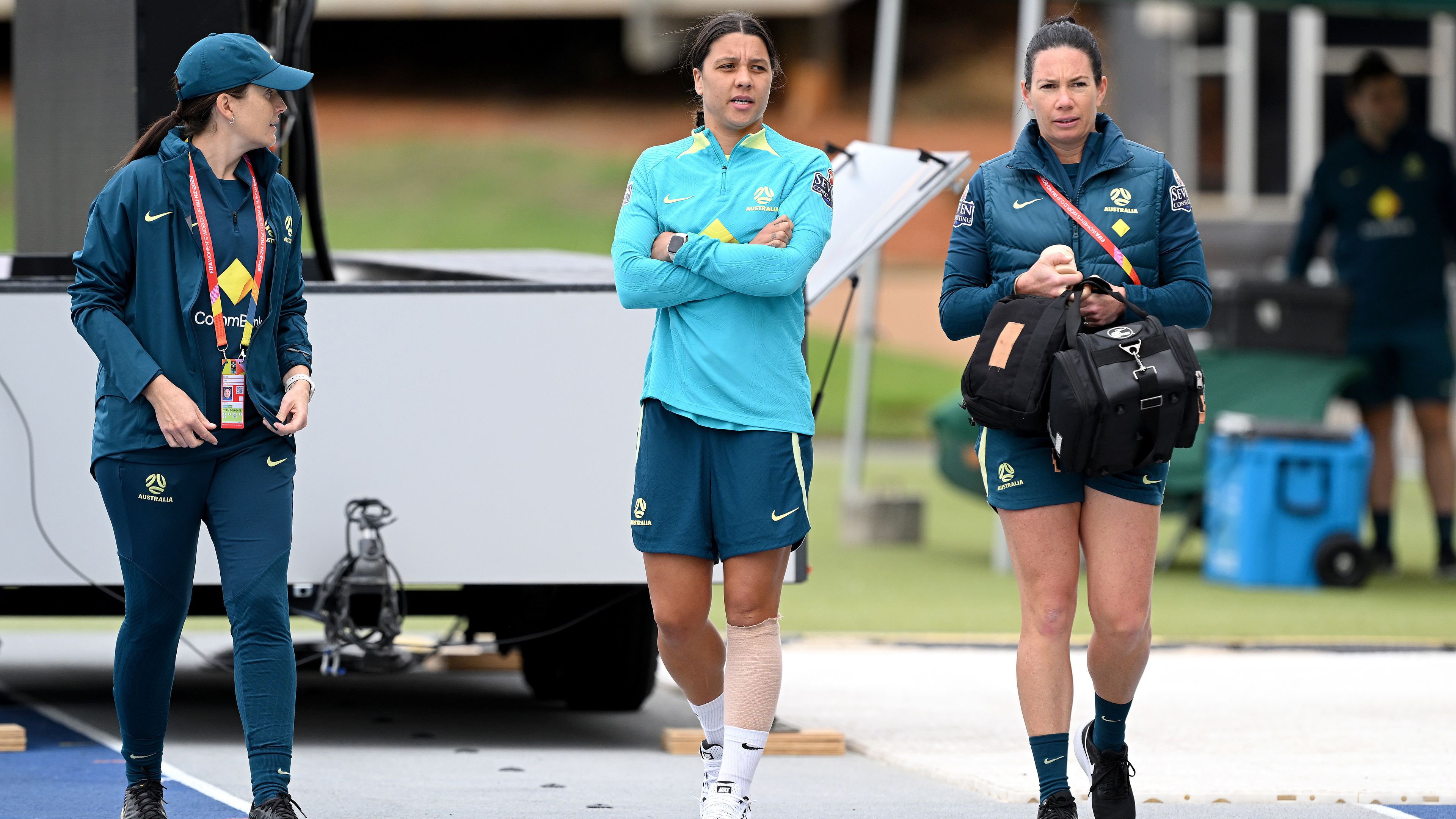 BRISBANE, AUSTRALIA - JULY 24: Sam Kerr is seen with bandaging on her injured left leg during an Australia Matildas open training session at the FIFA Women&#x27;s World Cup Australia &amp; New Zealand 2023 at Queensland Sport and Athletics Centre on July 24, 2023 in Brisbane, Australia. (Photo by Bradley Kanaris/Getty Images)