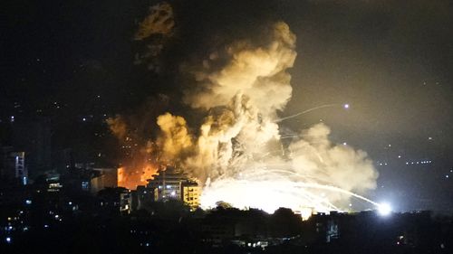 Smoke rises from Israeli airstrikes in Beirut's southern suburbs, Lebanon, Saturday, Sept. 28, 2024.