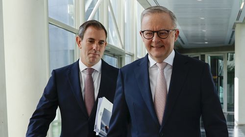 Prime Minister Anthony Albanese, Treasurer Jim Chalmers and Finance Minister Katy Gallagher on budget day at Parliament House in Canberra on March 25, 2025.