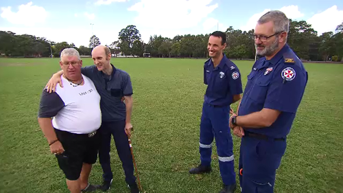 Steve Van Meeteren was reunited with the team who helped save his life with minutes to spare earlier this month after a stabbing attack in his Wyong corner store.