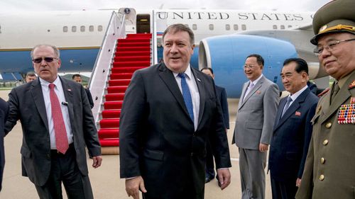 Mike Pompeo on the tarmac in Pyongyang. (AAP)