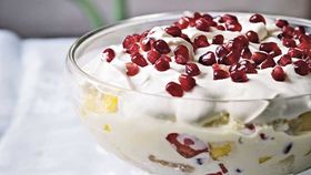Mango, pomegranate, berry and coconut trifle