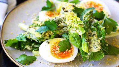 Recipe: <a href="https://kitchen.nine.com.au/2017/09/18/17/17/chiswick-asparagus-and-cos-salad-with-bottarga-and-soft-egg" target="_top">Chiswick's asparagus and cos salad with bottarga and soft egg</a>