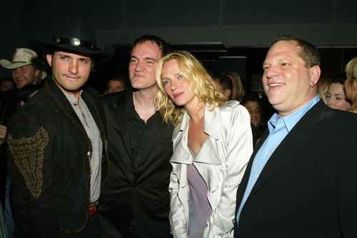 Director Quentin Tarantino, actress Uma Thurman and then Miramax chief Harvey Weinstein talk at the after-party for 'Kill Bill Vol. 2' in 2004