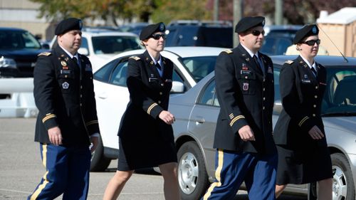 The prosecution team led by Major Justin C. Oshana, return to the Ft. Bragg military courthouse for the sentencing of Bowe Bergdahl. (Getty)