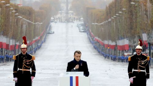 French President Emmanuel Macron delivers a speech during the international ceremony for the Centenary of the WWI Armistice of 11 November 1918 at the Arc de Triomphe in Paris, France.