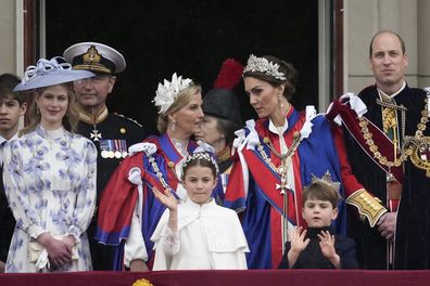 LONDON, ENGLAND - MAY 06: (L-R) James, Earl of Wessex, Lady Louise Windsor, Vice Admiral Sir Timothy Laurence, Sophie, Duchess of Edinburgh, Princess Charlotte of Wales, Sophie, Duchess of Edinburgh, Catherine, Princess of Wales, Prince Louis of Wales and Prince William, Prince of Wales gather on the Buckingham Palace central balcony after the Coronation service of King Charles III and Queen Camilla on May 06, 2023 in London, England. The Coronation of Charles III and his wife, Camilla, as King 