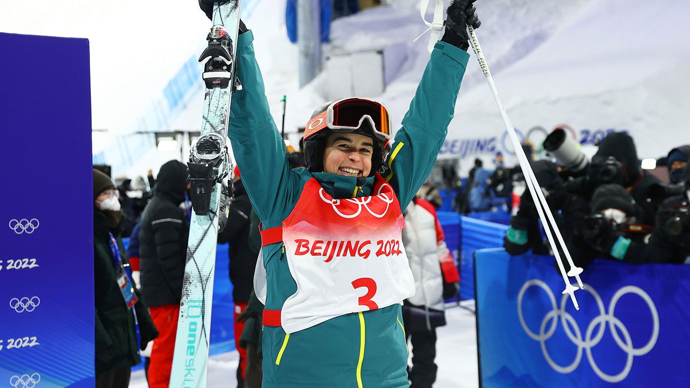 Jakara Anthony of Team Australia reacts after winning the gold medal during the Women&#x27;s Freestyle Skiing Moguls Final