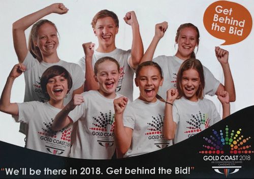 Eve Lutze (bottom right) featured in the Gold Coast Commonwealth Games bid. (AAP/Gold Coast Tourism)