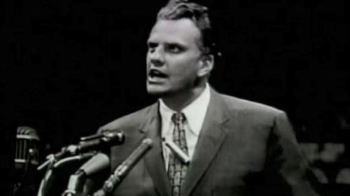 Billy Graham delivering at sermon at the MCG in 1959.