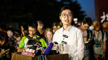 Andy Chan, 25, leader of the pro-independence Hong Kong National Party and a disqualified candidate of upcoming elections, gives a press conference at the start of a rally near the government's headquarters in Hong Kong on August 5, 2016. (AFP)