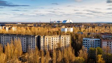 Chernobyl neighbourhoods and apartment blocks abandoned, reclaimed by nature 